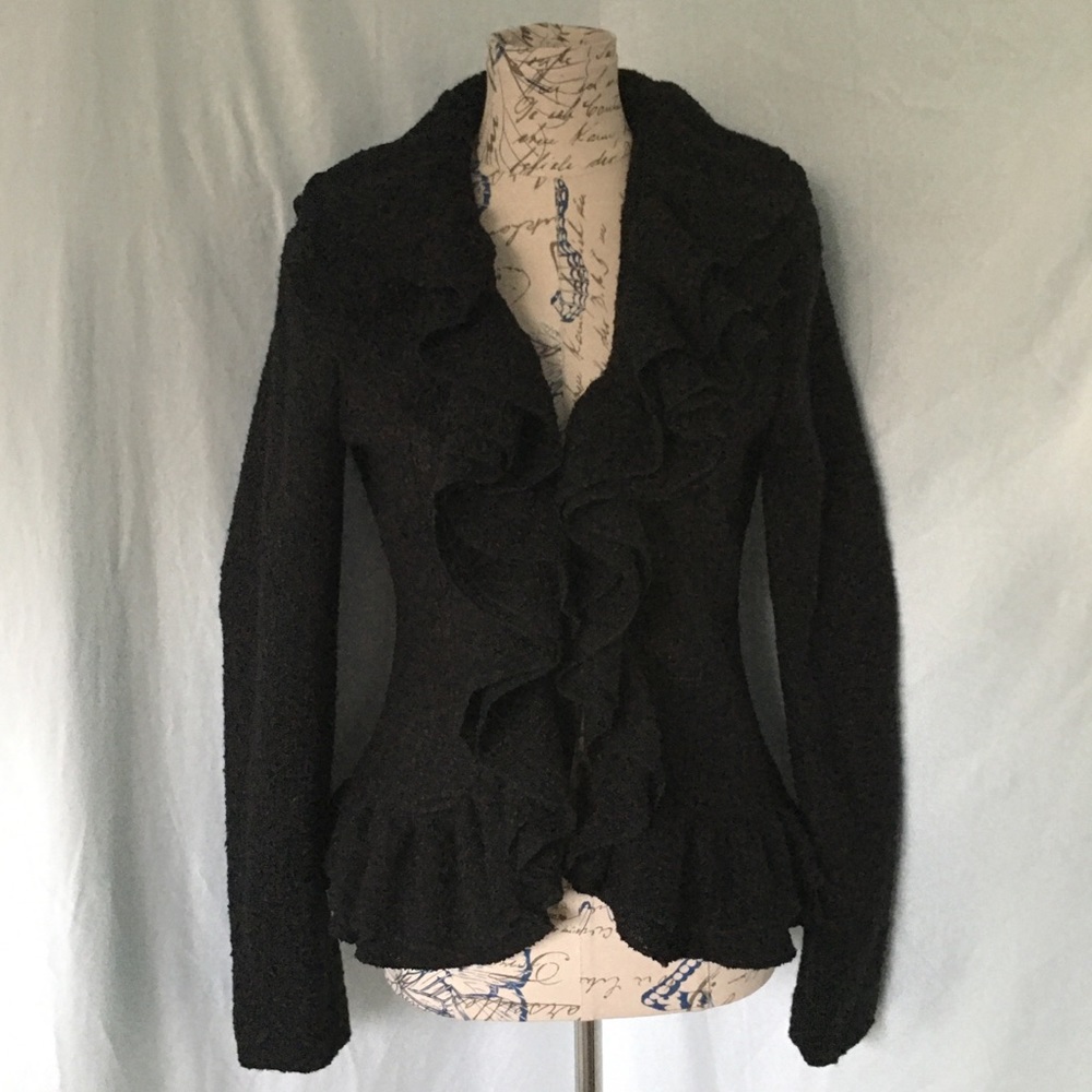 Anthropologie French Bustle Black Ruffled Knit Blazer Mise en Scene by Ruffian